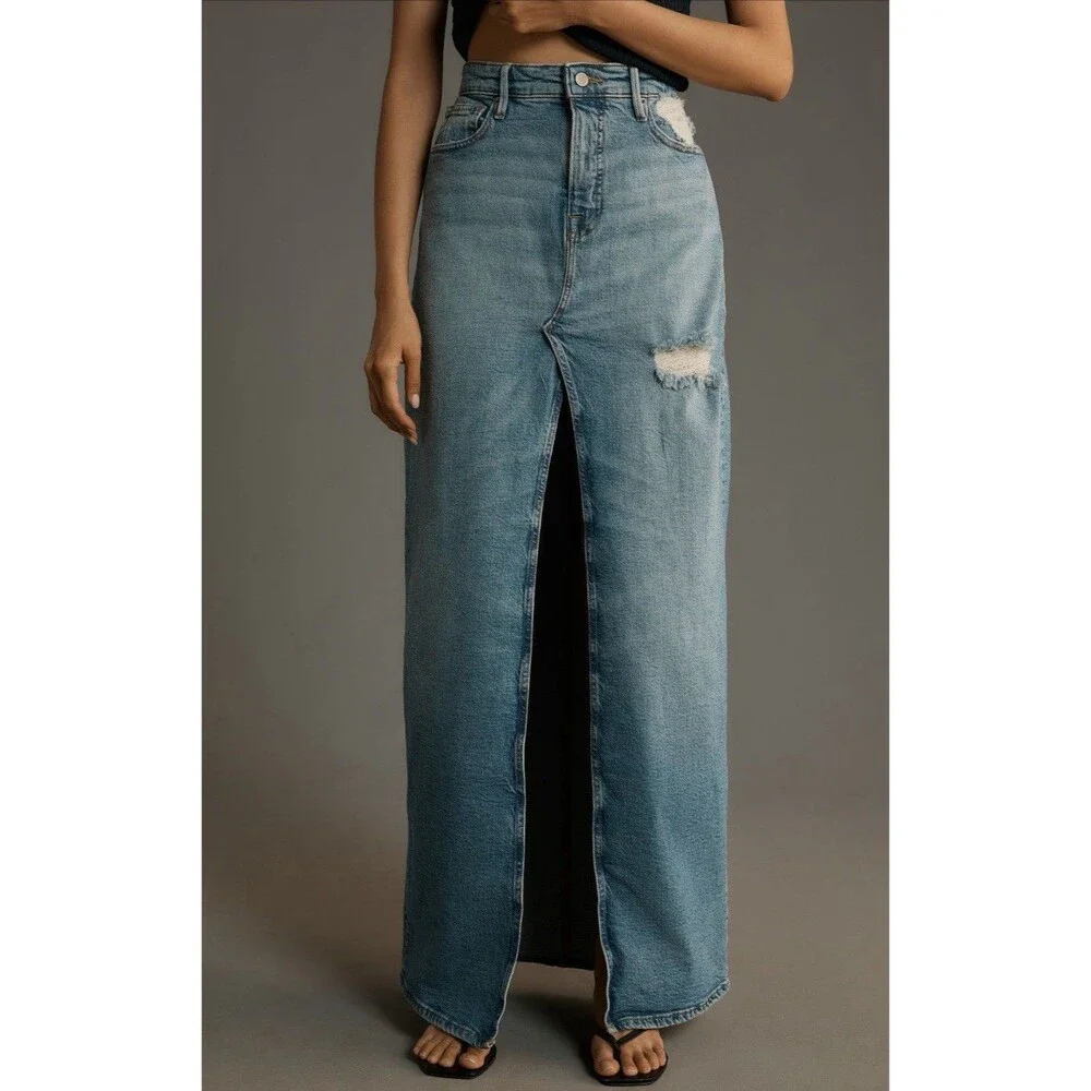 Good American Good Denim Maxi Skirt Women Blue Ease Vacay Retro Boho Size 12 NWT